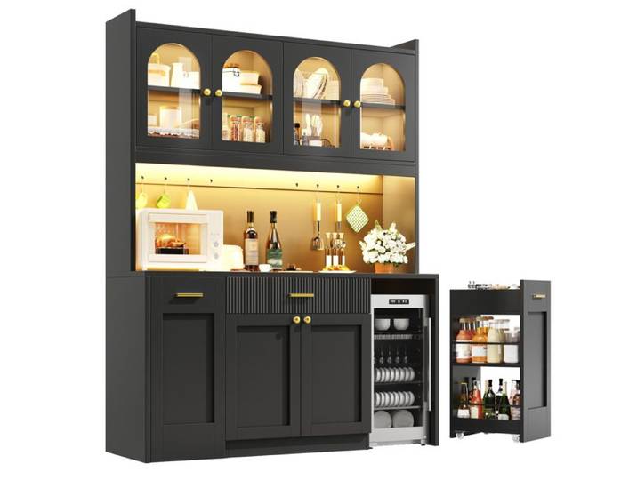 Meuble rangement cuisine 120x40x187 cm avec RGB-LED vitrines en verre tiroirs et rails roulants JOINERY