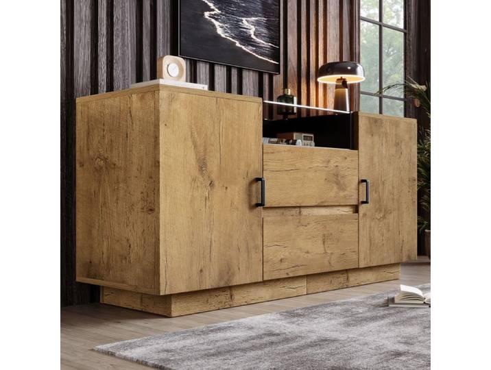 Buffet aspect chêne 140x40x70cm - avec 2 portes et 2 tiroirs - compartiments ouverts - Naturel