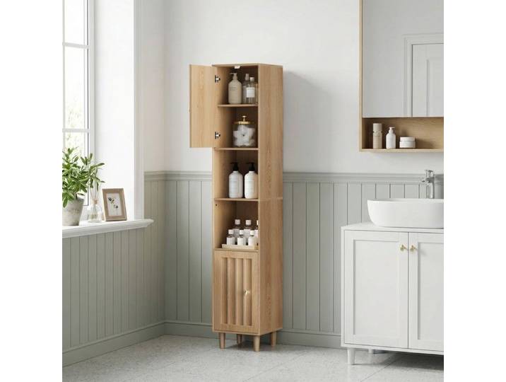 Armoire haute étroite 32x30x169cm chêne – meuble machine à laver avec portes et étagères ouvertes