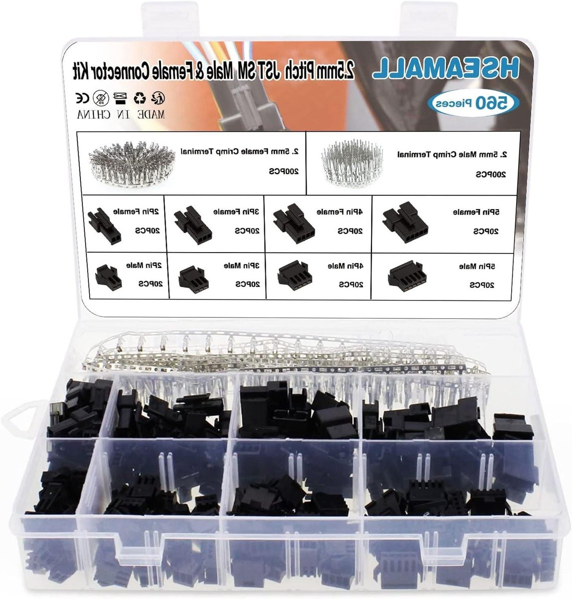JST SM 560-delige assortimentkit met 2, 3, 4 en 5-polige mannelijke en vrouwelijke stekkerbehuizingen en adapters, zwart