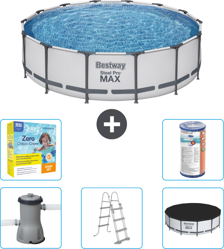 Bestway Round Steel Pro MAX Schwimmbad - 427 x 107 cm - Grau - inklusive Pumpe - Leiter - Abdeckung Wartungspaket - Filter