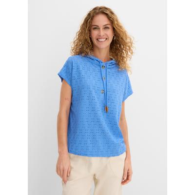 Henleyshirt BONPRIX, Damen, Gr. 40/42 (M), blau (mittelblau), Obermaterial: 98% Polyester, 2% Elasthan, oversize, Shirts, lockerer Schnitt, Oversize-Passform, mit Kapuze, Kurzarm-Design