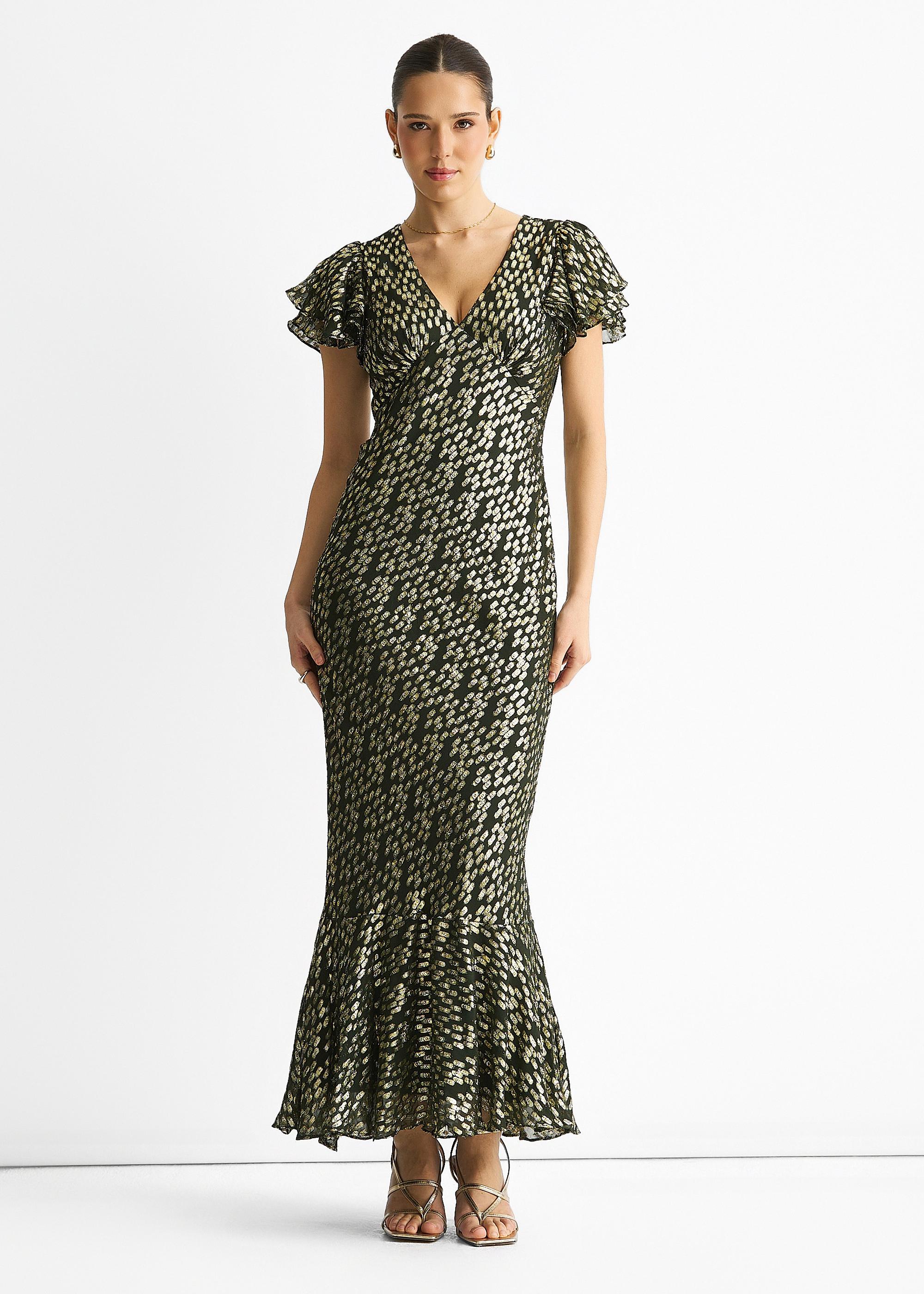 Dunkelgrünes Viskose-Clip-Gold-Jacquard-Maxikleid mit schrägem Schnitt