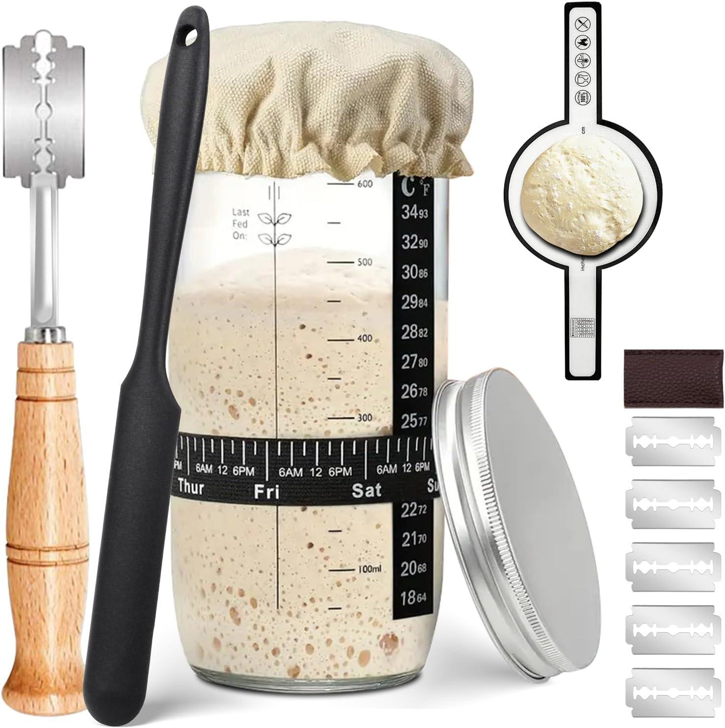 Zuurdesemstarter set met thermometerstrips, datastickers, broodmes en bakmat, 730 ml