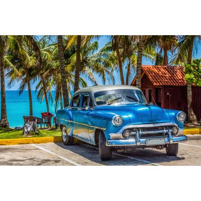 Fototapete PAPERMOON "OLDTIMER-HAVANNA KUBA VINTAGE AUTO PALMEN STRAND MEER", bunt, B:3,5m L:2,6m, Vlies, Tapeten