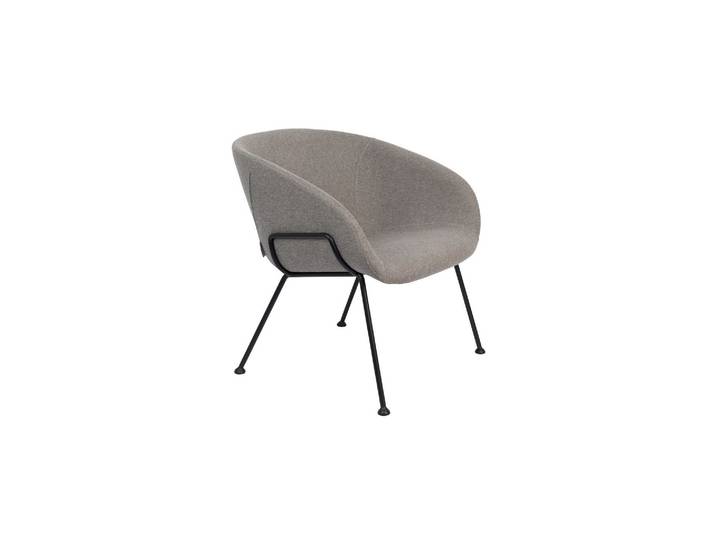Fauteuil lounge en tissu gris, accoudoirs, cadre acier noir, fixe
