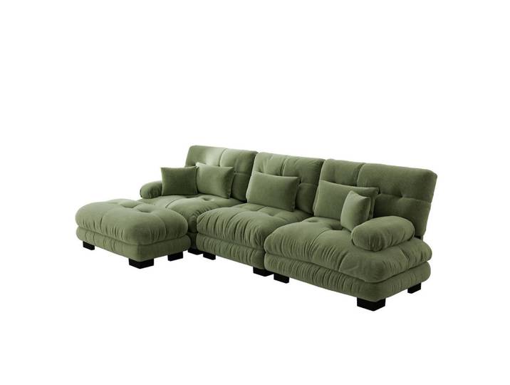 Modfu Ecksofa aus Chenille 145x313x81 cm in Grün mit passender Ottomane, 313x145 cm, Wohnzimmer, Sofas & Couches, Wohnlandschaften, Ecksofas