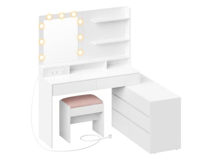 Coiffeuse avec miroir et tabouret avec multiprise blanc