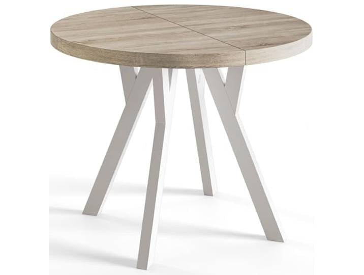 AlpiMeble Esstisch Ausziehbar OVO, 90-190cm, Stabile Beine, Sonoma Runder Tisch, Moderner Design, Wohnzimmertisch und Küchentisch, Stabile Konstruktion, Weiße Beine