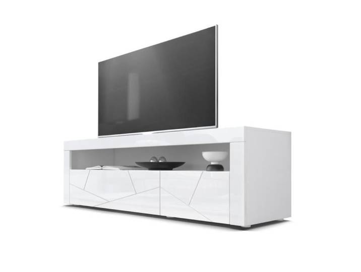 Vladon Buffet bas Valencia Meuble TV en Blanc/Blanc haute brillance Element structure 3D Blanc haute brillance (155 x 46 x 40 cm)
