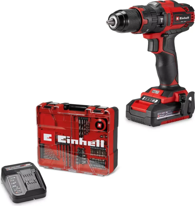 EINHELL AKKU Bohrmaschine mit Schlagschrauber TE-CD 18/40 Li-i + 64-teiliges Zubehörset (1 × 2,0 Ah),
