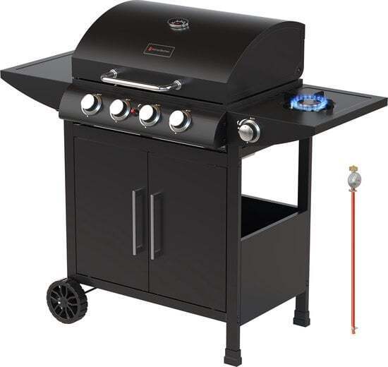 KitchenBrothers KitchenBrothers Gasgrill mit Seitenbrenner - 5 Brenner - Mit Gasanschluss - 42x57cm Grillfläche - Schwarz