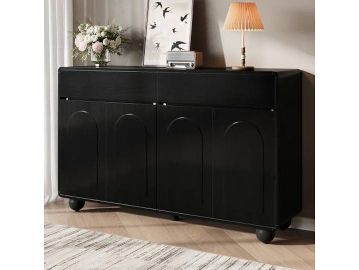 BXEYXE Sideboard Wohnzimmer mit geschwungenen Türen, moderner Stauraumschrank aus PB und MDF, runde Metallfüße