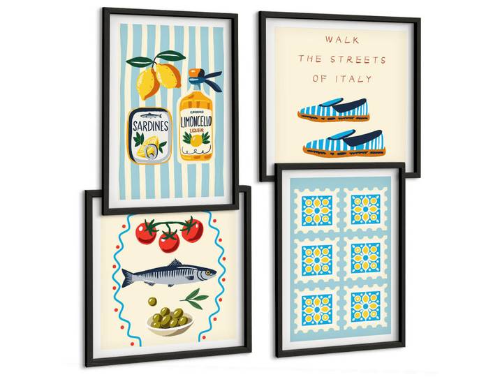 Tulup Bilder SET 4er Set - 50x50 cm & 40x60 cm Schwarzer Rahmen - Fruchtmuster und italienische Kultur, Kunststoff, Rechteckig, 50x50 cm, gerahmt, Bilder & Rahmen, Bilder