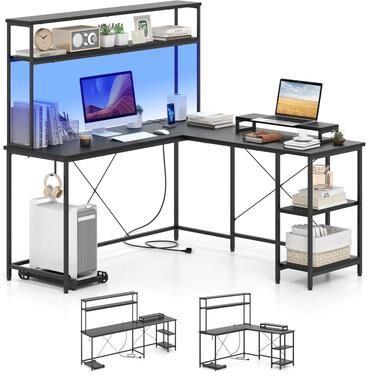 Reversible Corner Computer Desk L-Shaped Desk w/ LED Strip