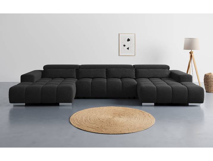Wohnlandschaft COTTA Orion U-Form, B: 400 cm , schwarz, B:400cm T:186cm, 100% POLYESTER (PES), Sofas, Wohnlandschaft, Kopfteilverstellung & 4 Kissen, optional elektr. Sitztiefenverstellung