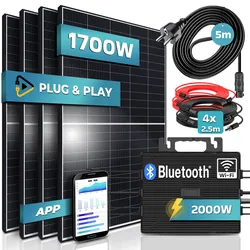 SUNNIVA® 1700W Balkonkraftwerk 2000W komplett Steckdose - Astro Energy 2000W Micro Wechselrichter - PV Solaranlage Komplettset - 4x 425W (1700W) Solarmodule - inkl. 5m Kabel - Bluetooth, WIFI