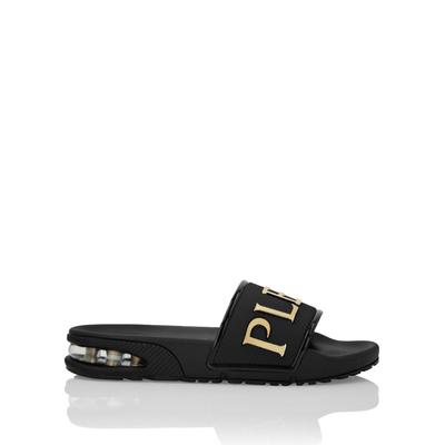 Strandschuh PLEIN SPORT "Flache Gummisandalen", Damen, Gr. 41, Normalschaft, schwarz (0202, schwarz, schwarz), Schuhe Strandschuh