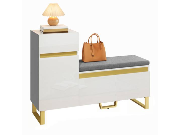 Modfu Schuhschrank aus MDF 120x35x85cm in Weiß mit Sitzbank, 120x85x35 cm, Garderobe, Schuhaufbewahrung, Schuhschränke