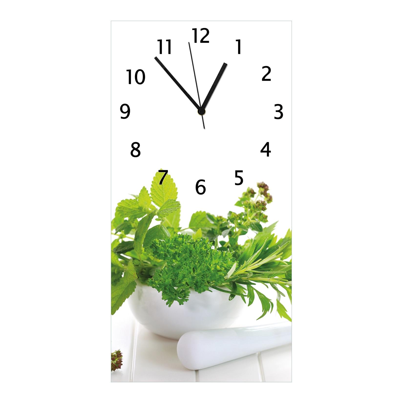 Wallario Uhr 30 x 60 cm, schwarze Zeiger Welt der Kräuter - verschiedene Kräuter in einem weißen Mörser