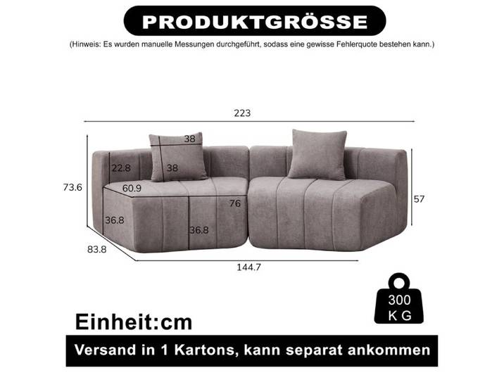 Module de canapé coulissant Chenille avec 2 coussins Symétrique et semi-ronde pour chambre à coucher Salon Gris