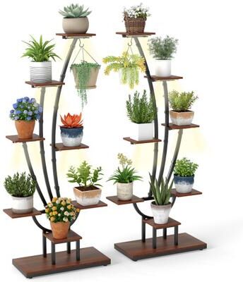 Costway Indoor Plant Stand with Grow Lights Tall 8-Tier Corner Metal Plant Shelf-Set of 2
