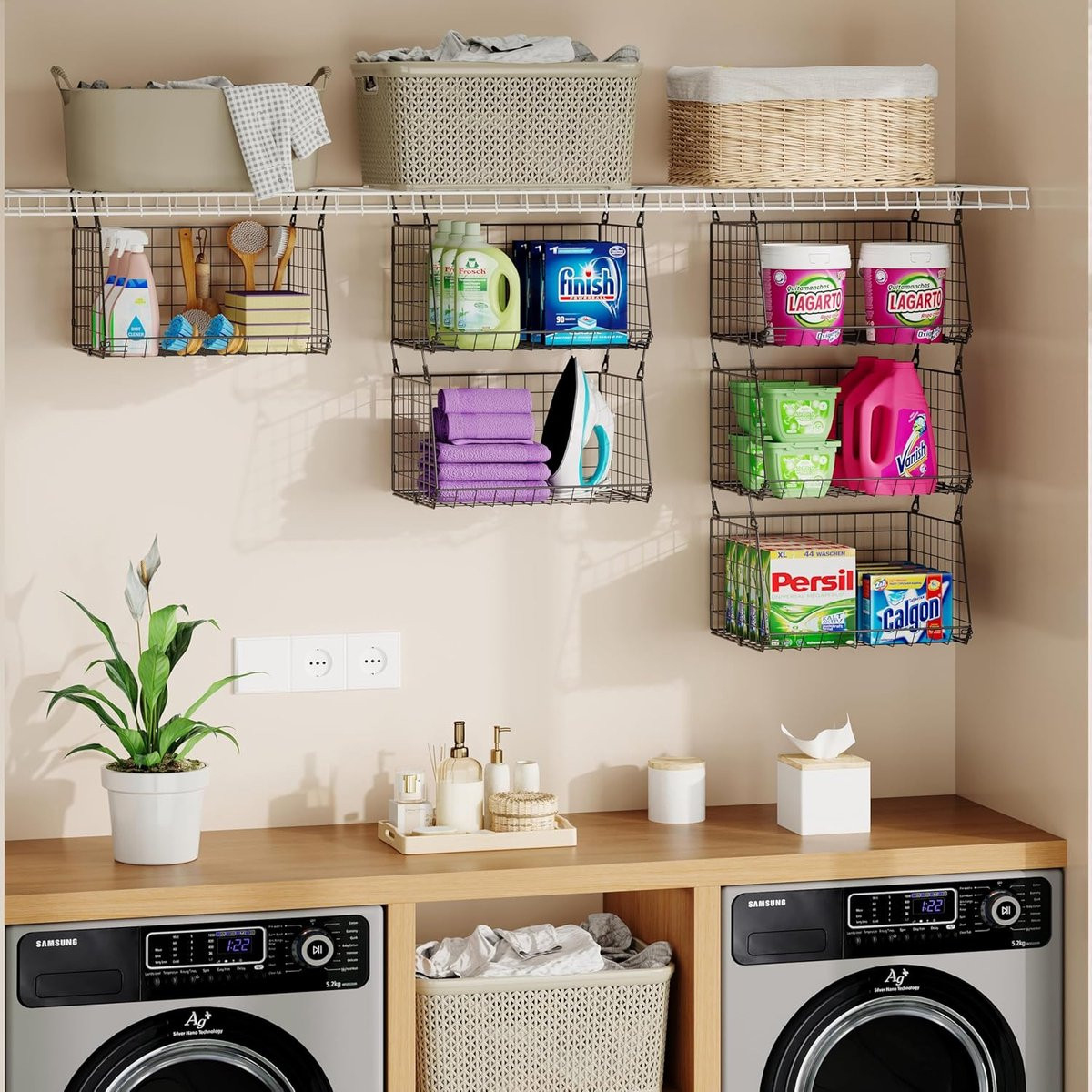 Set van 3 opvouwbare hangende wasmand met draaibare haken
