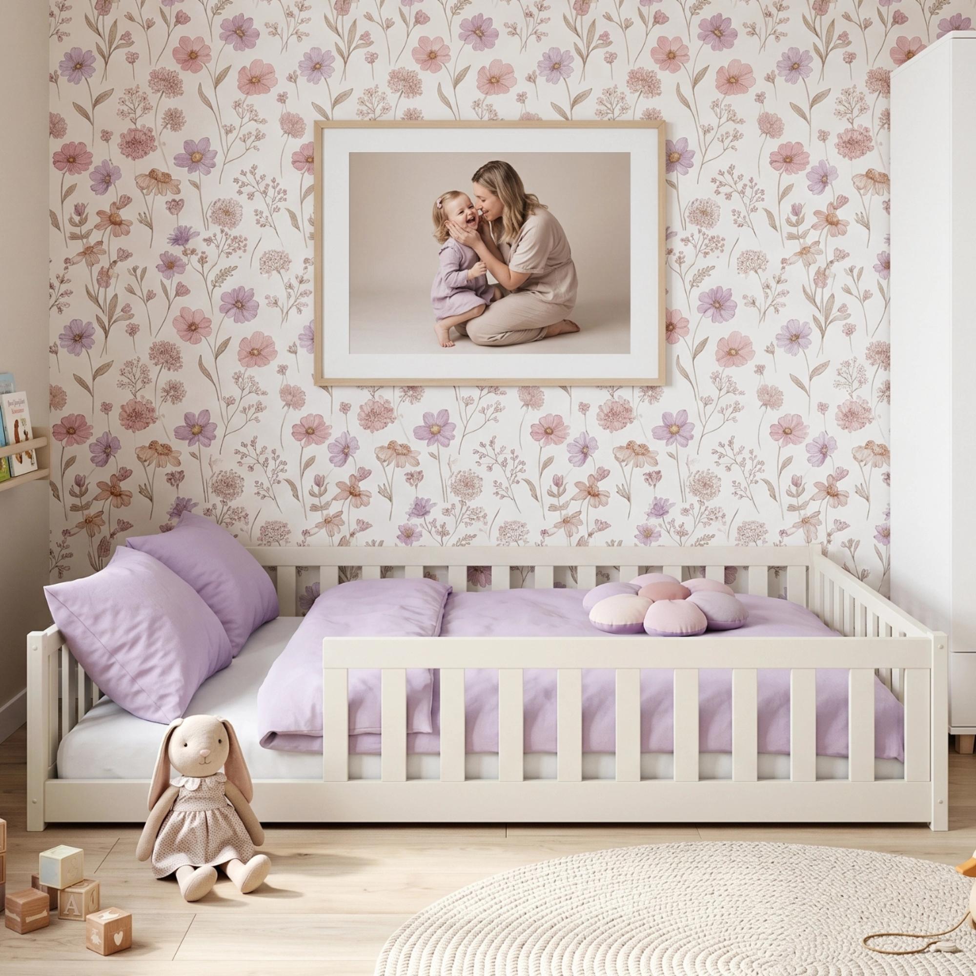 Kinderbett Bodenbett 140x200 cm mit Rausfallschutz, Matratze & Lattenrost Montessori Bett Bed Gitterbett Kinder Jugendbett Einzelbett | Baumwolle