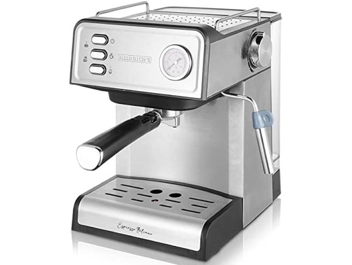 HEINRICHS Espressomaschine, Barista Siebträgermaschine mit 850W, 20 Bar Druck, Kaffeemaschine mit Milchaufschäumer, Doppelauslauf, abnehmbares Tropfgitter, 1.6 L Wassertank, Warmhalteplatte (Button)