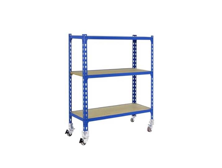 Simon Rack Metallregal mit Rollen 975x800x300 mm - Maderclick 3 Höhen, Holzablage, Biegepunkt 75 kg, Korrosionsschutzlackierung, Klicksystem-Montage, Blau