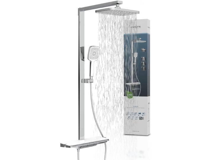 Duschsystem SCHÜTTE HAWAII Überkopfbrause-Set , silber (chrom), H:115cm T:45cm, Aluminium, Sicherheitsglas, Brausegarnituren, Duschsystem, mit Thermostatarmatur, Glasablage, Brausehalter
