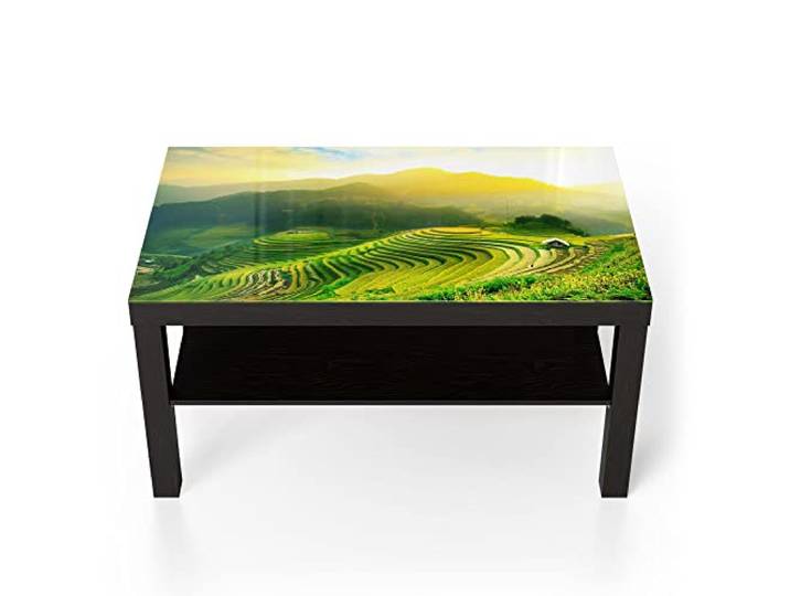 DEQORI Glastisch schwarz groß 90x50 cm Motiv Reisfelder Mu Cang Chais ausgefallener Beistelltisch aus Glas Hochglanz Couchtisch fürs Wohnzimmer moderner Couch Tisch mit Design