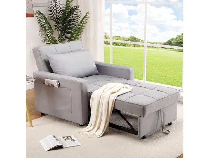 Garvee 3 in-1 Schlafsessel Sofa Bett, Klappbares Einzel Sofa Bed mit weichem Kissen, Aufbewahrungstaschen und Verstellbarer Rückenlehne, 86x192 cm,Hellgrau