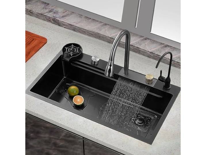 ZQFHSX Wasserfall-Küchenspüle, Einzelbecken, Edelstahl, Multifunktions-Einbau-/Unterbauwaschbecken, Schwarz, mit ausziehbaren Armaturen, Arbeitsplatz (60 x 45 cm)