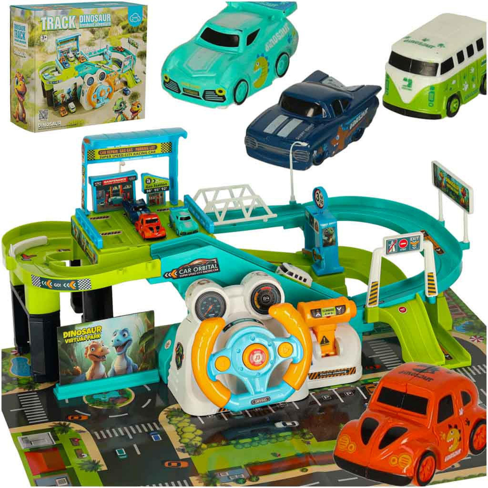 Ikonka Autobaan Parkeergarage Dinosaurus met 4 auto's
