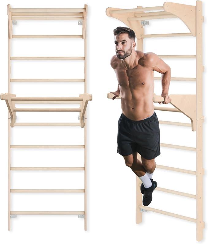 Sprossenwand mit Klimmzugstange für Erwachsene (230 cm), Holz-Kletterwand, Multifunktionales Fitnessgerät, Kletterleiter für Erwachsene & Kinder, 100% ECO, EU