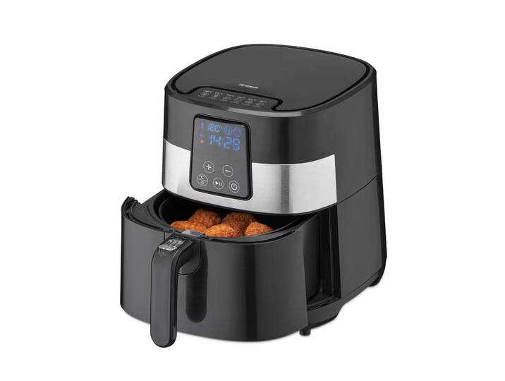 Trisa Electronics Heissluftfritteuse, Schwarz, Kunststoff, 3 l, 38x32x28 cm, RoHS, antihaftbeschichteter Innenbehälter, Betriebsanzeige, Timer, Programm wählbar, Überhitzungsschutz, Display, Touchscreen, Kochgeschirr, Küchengeräte, Fritteusen