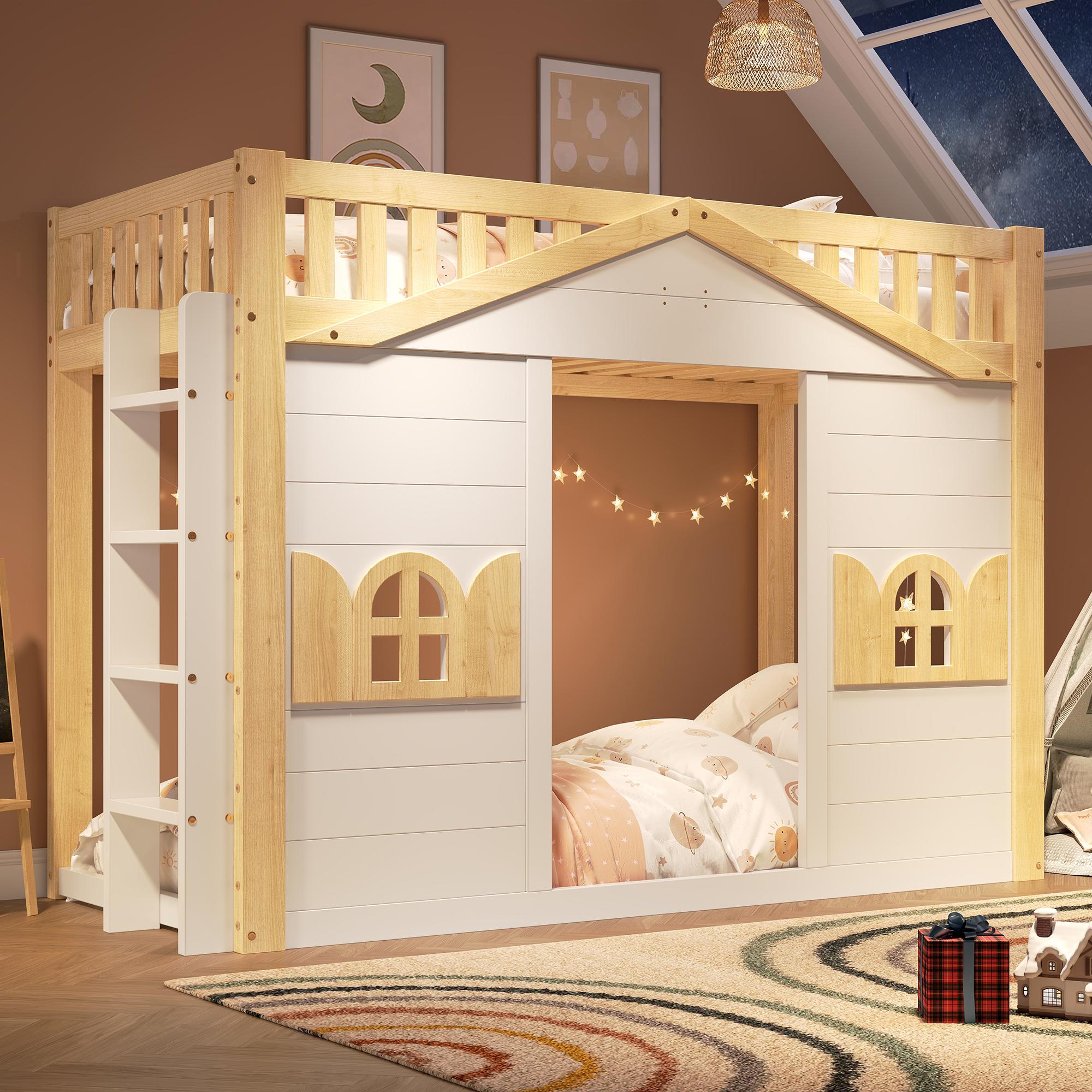 Etagenbett 90x200cm, Holz, Hausbett, Fensterform, unten Bett oder Aktivbereich (White)