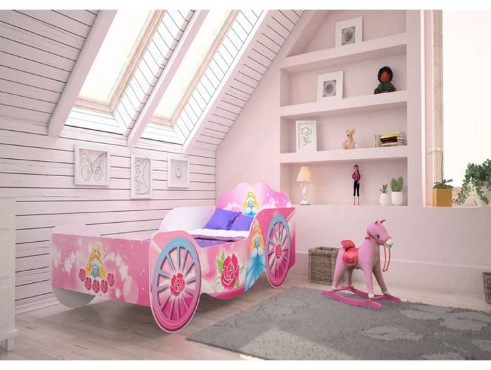 Lit enfant 80x160 cm - Lit simple fille - Avec sommier à lattes - Lit calèche - Motif Princesse - Rose