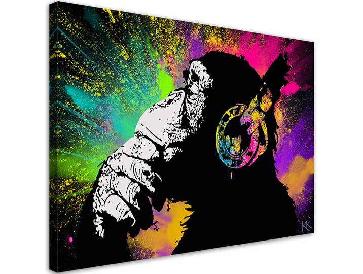 Feeby Leinwandbild Banksy Buntes Affe 100x70cm, Mehrfarbig, Abstrakt, Rechteckig, 100x70 cm, Bilder & Rahmen, Bilder, Leinwandbilder