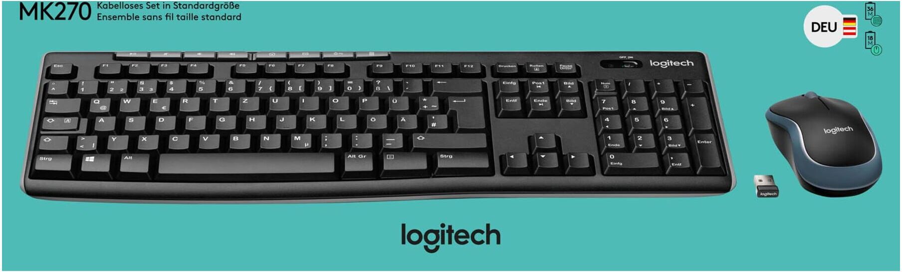 Logitech Tastatur/Maus Set USB,wireless,1000dpi MK270 sw (920-004511)