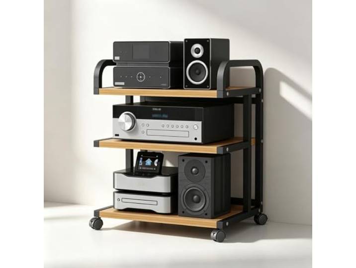 YHTCSXMD Mobiles HiFi Rack mit Rollen, 3/4/5 Ebenen Stahlrahmen 2,5 cm Holzoptik-Ablagen, Audio Rack mit Bremsen für Wohnzimmer, Büro und Geschäft
