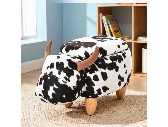 Pouf de rangement en bois noir motif vache assise confortable pour chambre d'enfant ou salon 62x35x36 cm