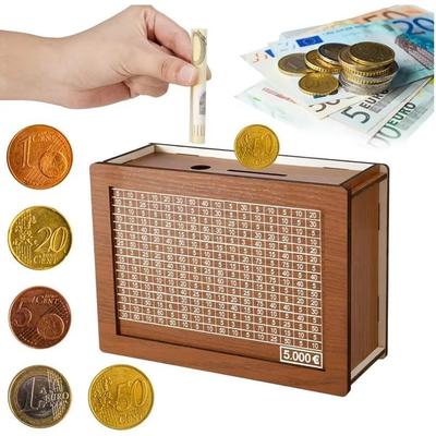 Inspired Finds Wooden Money Saving Box Reusable Piggy Bank With Numbered Savings Goals (100010000 Euro Design) dark Brown 10000