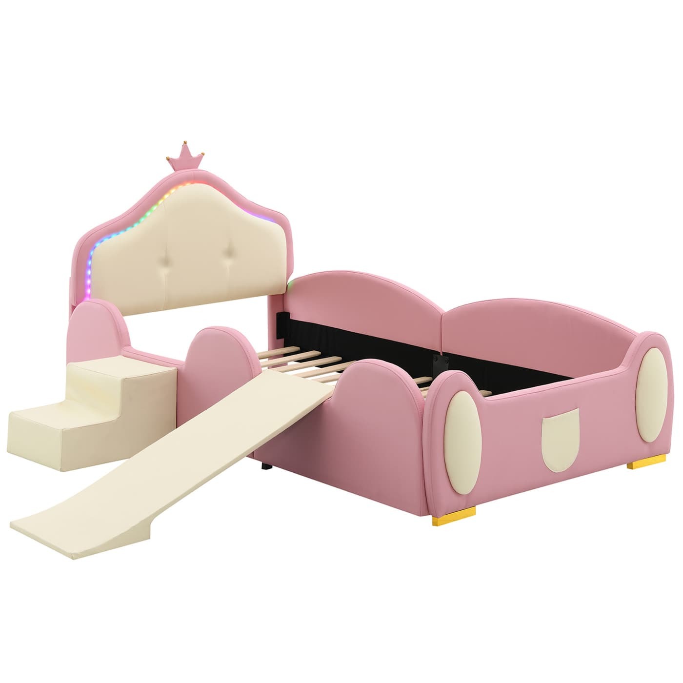 Polsterbett,Crown Cartoon Bett,Mit Multi-Mode-LED-Streifen,Kinderbett mit kleiner Rutsche und Treppe,mit schützenden weichen Kanten,mit Holzlatten,PU