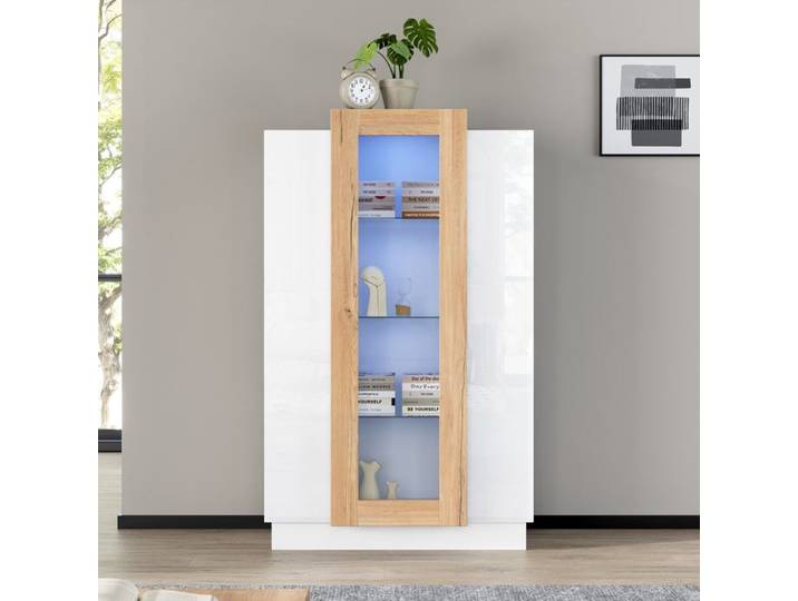 Vitrine haute brillance 74x40x120 cm - 3 portes - Avec éclairage LED - Avec étagères en verre - Blanc + Naturel
