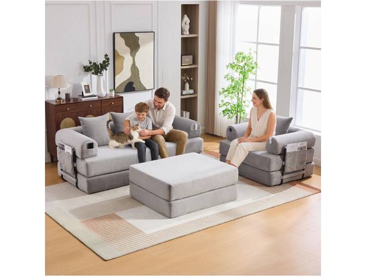 VUENOR Canapé modulable compressé 4 places gris clair avec pouf et poche latérale