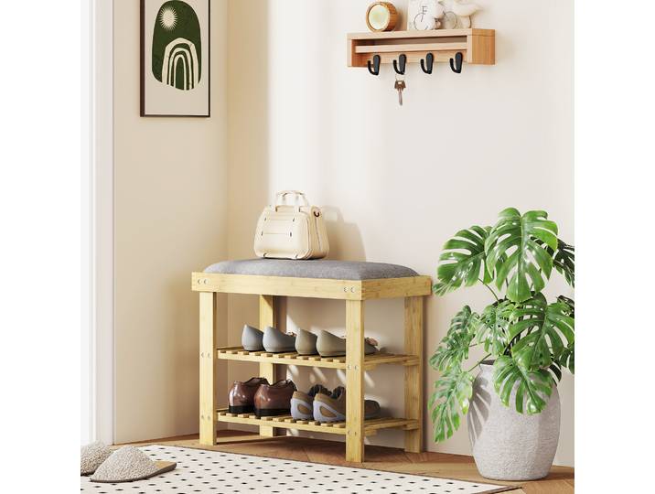 HOMCOM Banc à Chaussures Bambou 3 Niveaux Style Scandinave Bois