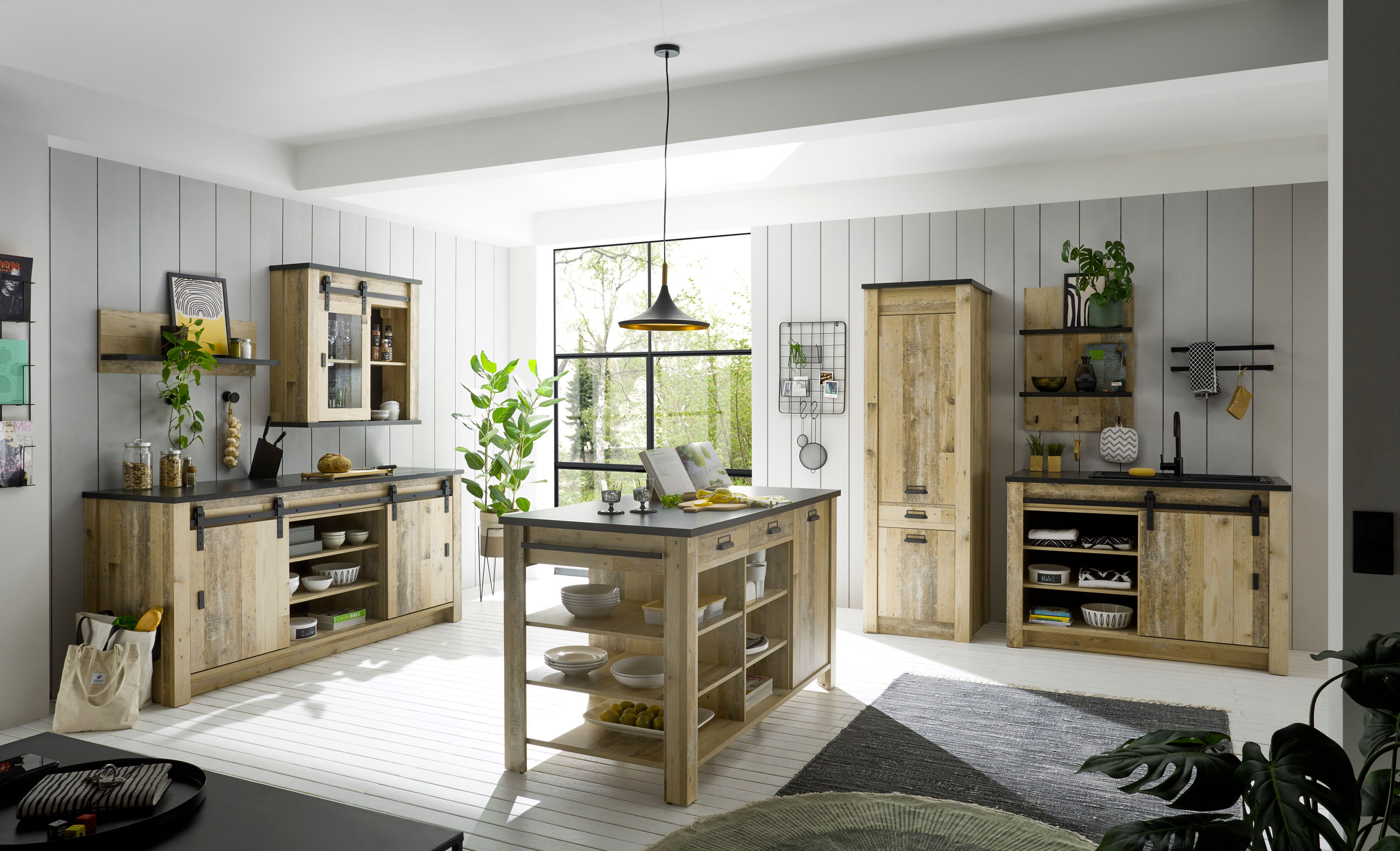 Küche HOME AFFAIRE "Sherwood", braun (küche: natur, korpus: old style hell, arbeitsplatte: anthrazit), B:400cm T:64cm, Komplettküchen-Sets, Küche, Breite 400 cm, ohne E-Geräte küche: natur, korpus: old style hell, arbeitsplatte: anthrazit B/H/T: 400cm x 6