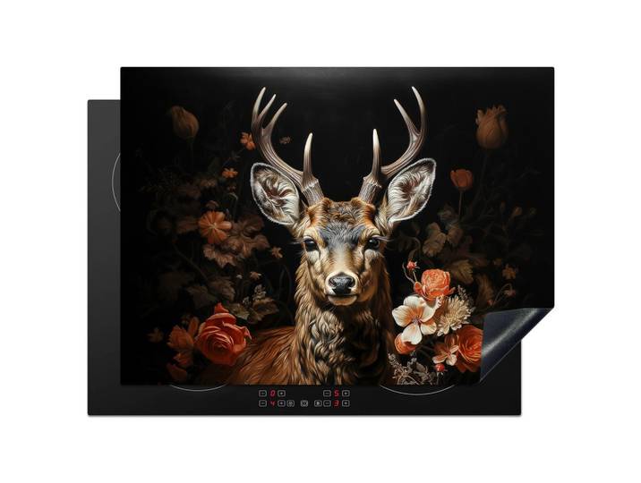 HERDABDECKPLATTE Hirsch - Tier - Blumen - Natur - Botanisch Induktionsmatte 71x52 cm
